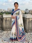 MODERN LINEN COTTON SILK DIGITAL PRINT AND KHATLI AND FOIL WITH STONE WORK SAREE WITH UNSTITCHED BLOUSE WHITE AND BLUE