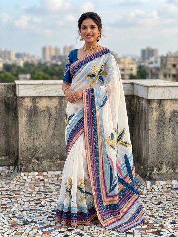 MODERN LINEN COTTON SILK DIGITAL PRINT AND KHATLI AND FOIL WITH STONE WORK SAREE WITH UNSTITCHED BLOUSE WHITE AND BLUE