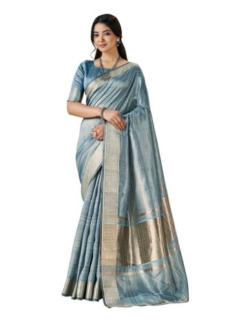 MODERN LINEN COTTON SILK WEAVING ZARI WORK  SAREE WITH UNSTITCHED BLOUSE LIGHT BLUE