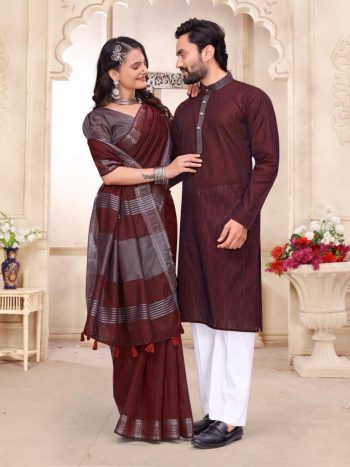 MODERN LINEN PLAIN COUPLE WEAR SET BROWN