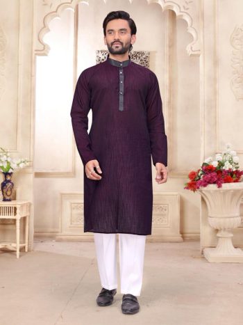MODERN LINEN PLAIN MEN'S KURTA PAYJAMA SET PURPLE