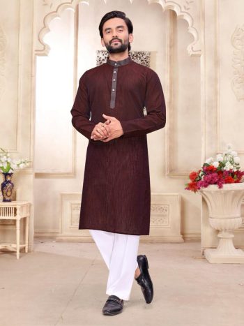 MODERN LINEN PLAIN MEN'S KURTA PAYJAMA SET BROWN