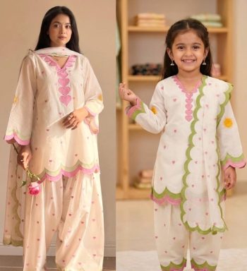 MODERN MUL CHANDERI COTTON MULTI EMBROIDERY WORK MOTHER DAUGHTER SET OFF WHITE