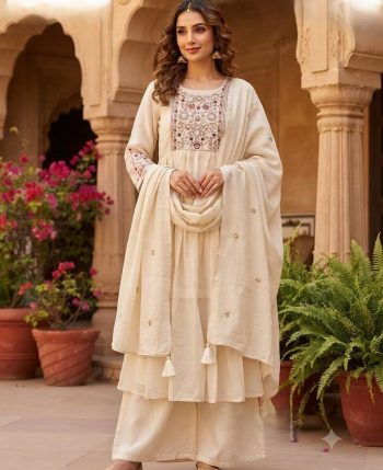 MODERN MUL CHANDERI EMBROIDERY WORK TOP BOTTOM WITH DUPATTA OFF WHITE