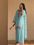 MODERN MUL CHANDERI EMBROIDERY WORK TOP PATIYALA WITH DUPATTA SKY