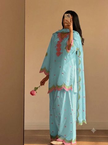 MODERN MUL CHANDERI EMBROIDERY WORK TOP PATIYALA WITH DUPATTA SKY