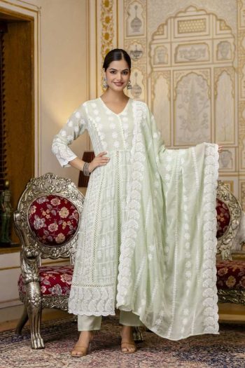 MODERN MUL COTTON LAKHNOWI WORK GOWN BOTTOM WITH DUPATTA MINT
