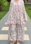 MODERN NATURAL CREPE  PRINT WORK TOP PATIYALA WITH DUPATTA WHITE AND PINK