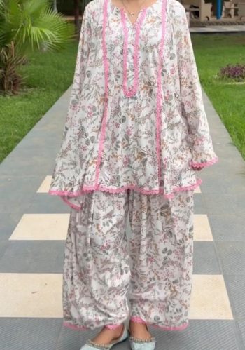 MODERN NATURAL CREPE  PRINT WORK TOP PATIYALA WITH DUPATTA WHITE AND PINK