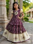 MODERN NATURAL CREPE SILK BANDHANI PRINT WITH REAL MIRROR WORK KID'S TOP LEHENGA SET WINE