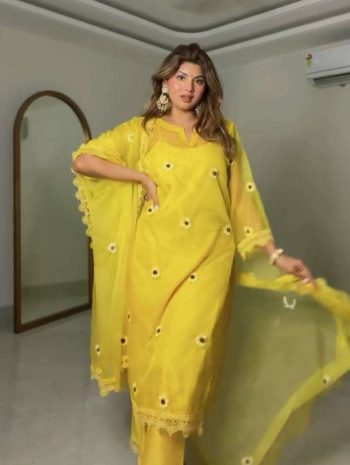 MODERN NYLLON ORGANZA THREAD WORK WITH FANCY LACE WORK INNER TOP SHRUG BOTTOM AND DUPATTA YELLOW