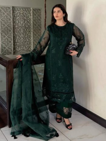 MODERN ORGANZA EMBROIDERY SEQUENCE WORK WITH FANCY CUT WORK TOP BOTTOM WITH DUPATTA GREEN