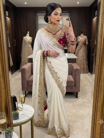MODERN RANGOLI SILK SEQUENCE AND EMBRODERY WORK WITH CUT WORK BORDER SAREE WITH UNSTITCHED BLOUSE OFF WHITE