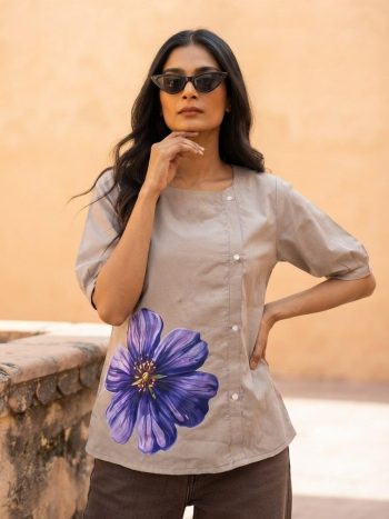 MODERN RAYON SLUB DFT FLOWER PRINTED TOP CREAM