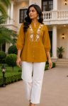 MODERN RAYON SLUB EMBROIDERY WORK COORD SET MUSTARD