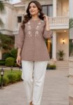 MODERN RAYON SLUB EMBROIDERY WORK COORD SET PEACH