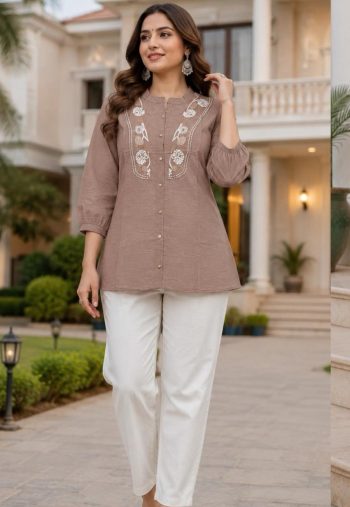 MODERN RAYON SLUB EMBROIDERY WORK COORD SET PEACH