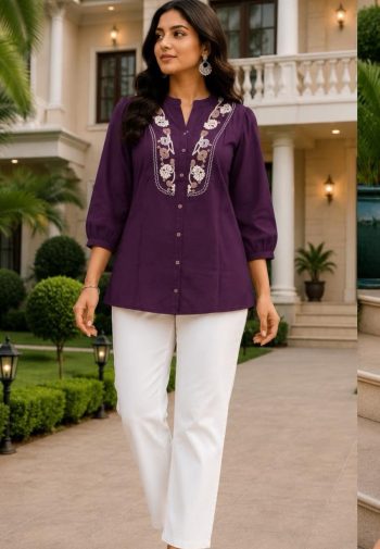 MODERN RAYON SLUB EMBROIDERY WORK COORD SET PURPLE