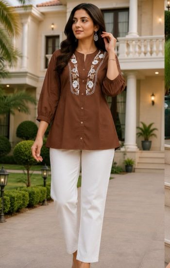 MODERN RAYON SLUB EMBROIDERY WORK COORD SET CHIKU
