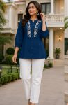 MODERN RAYON SLUB EMBROIDERY WORK COORD SET BLUE