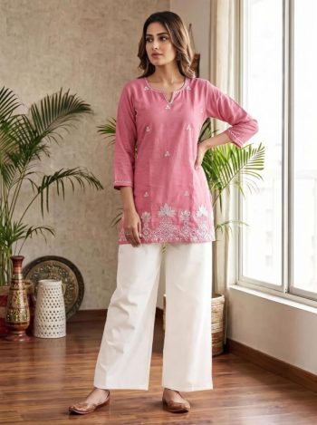 MODERN RAYON SLUB EMBROIDERY WORK TOP BOTTOM SET BABY PINK