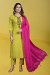 MODERN RAYON SLUB EMBROIDERY WORK TOP BOTTOM WITH DUPATTA LEMON