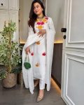 MODERN ROMAN CHANDERI EMBROIDERY SEQUENCE WORK TOP BOTTOM WITH DUPATTA WHITE