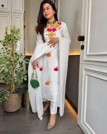 MODERN ROMAN CHANDERI EMBROIDERY SEQUENCE WORK TOP BOTTOM WITH DUPATTA WHITE