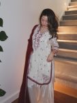 MODERN ROMAN GLASS EMBROIDERY SEQUENCE WORK TOP BOTTOM WITH DUPATTA WHITE AND RANI