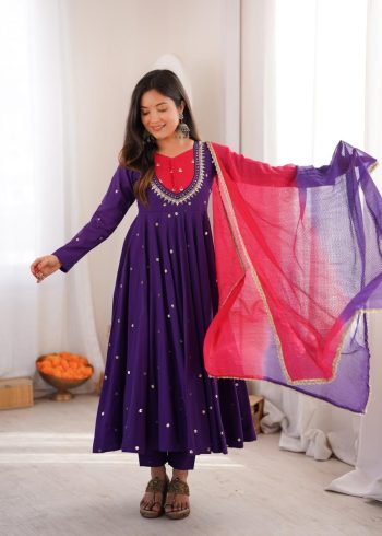 MODERN ROMAN SILK EMBROIDERY SEQUENCE WITH REAL MIRROR WORK GOWN BOTTOM WITH DUPATTA PURPLE