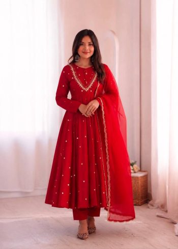 MODERN ROMAN SILK EMBROIDERY SEQUENCE WITH REAL MIRROR WORK GOWN BOTTOM WITH DUPATTA RED