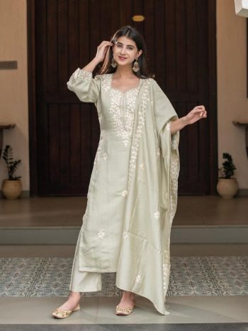 MODERN ROMAN SILK EMBROIDERY WORK TOP BOTTOM WITH DUPATTA PISTA