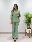 MODERN SALSA PLAIN SHIRT AND PALAZZO WITH HAND WORK SHRUG CO-ORD SET GREEN