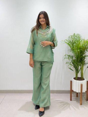 MODERN SALSA PLAIN SHIRT AND PALAZZO WITH HAND WORK SHRUG CO-ORD SET GREEN