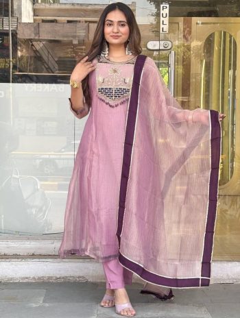 MODERN SALSA SILK EMBROIDERY AND THREAD WORK WITH HAND STITCHED BEADS WORK GOWN BOTTOM WITH DUPATTA LAVENDER