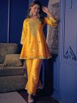 MODERN SILK CREPE EMBROIDERED WITH ELEGANT MIRROR WORK CO-ORD SET YELLOW