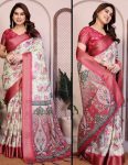 MODERN SILK FLORAL PRINT WORK  SAREE WITH UNSTITCHED BLOUSE OFF WHITE AND RED