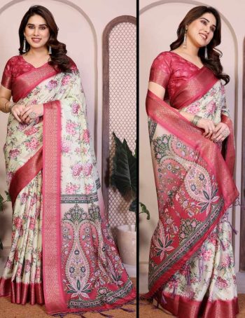 MODERN SILK FLORAL PRINT WORK  SAREE WITH UNSTITCHED BLOUSE OFF WHITE AND RED