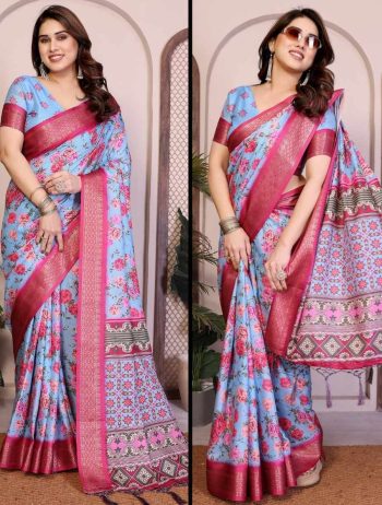 MODERN SILK FLORAL PRINT WORK  SAREE WITH UNSTITCHED BLOUSE LAVENDER