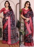 MODERN SILK FLORAL PRINT WORK  SAREE WITH UNSTITCHED BLOUSE GAJARI AND BLACK