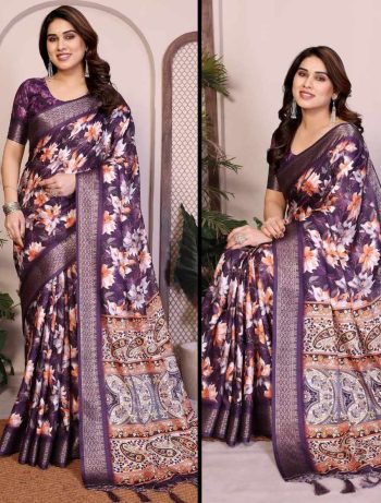 MODERN SILK FLORAL PRINT WORK  SAREE WITH UNSTITCHED BLOUSE WINE