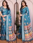 MODERN SILK FLORAL PRINT WORK  SAREE WITH UNSTITCHED BLOUSE RAMA