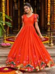 MODERN SILK LOTUS FLORAL DIGITAL PRINT WORK ANARKALI DRESS ORANGE
