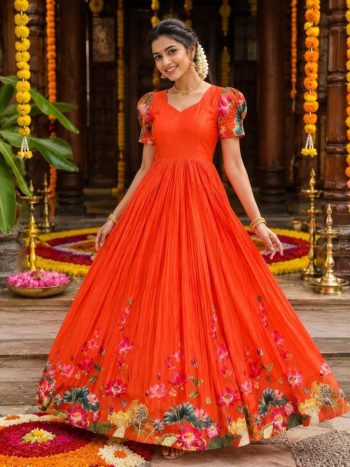 MODERN SILK LOTUS FLORAL DIGITAL PRINT WORK ANARKALI DRESS ORANGE