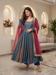 MODERN SINDOOR SILK REAL MIRROR LACE BORDER WORK GOWN BOTTOM WITH DUPATTA TEAL AND PINK