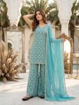 MODERN STAR GEORGETTE EMBROIDERY CHAIN SEQUENCE WITH LACE WORK TOP PALAZZO WITH DUPATTA SKY