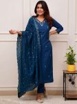 MODERN TESLA EMBROIDERY WORK TOP BOTTOM WITH DUPATTA TEAL