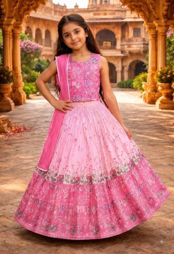 MODERN TWILL COTTON PRINTED WORK KID'S LEHENGA CHOLI WITH DUPATTTA BABY PINK