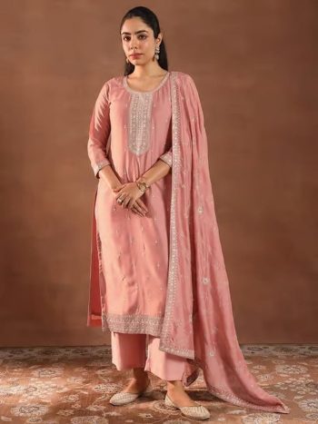 MODERN VICHITRA SILK EMBROIDERY WORK TOP BOTTOM WITH DUPATTA PEACH