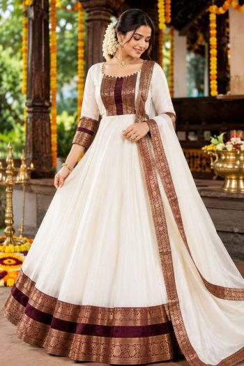 MODERN VICHITRA SILK FLORAL & PAISLEY BROCADE WEAVING WORK GOWN WITH DUPATTA WHITE